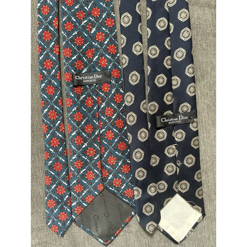 Christian Dior Monsieur‎ Neck Tie X2 Red And Teal Floral Navy Blue And Gold